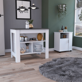 Stamford 2 Piece Kitchen Set, Delos Kitchen Island + Munich Lower Microwave Pantry Cabinet , White /Onyx