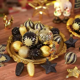 128pcs Christmas Balls Ornaments Set, Shatterproof Plastic Baubles Christmas Flowers, Ribbon Tree Topper For Xmas Tree Holiday Wedding Party Deco (Option: BlackGold)