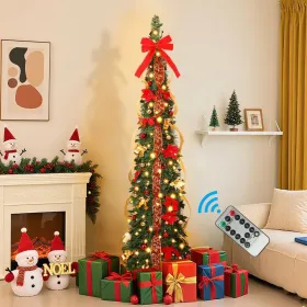 6ft Pop Up Prelit Pencil Artificial Christmas Tree With Remote Control, Slim Collapsible Christmas Tree Pre-Decorated Red&Gold Decorations, Pre-L (Option: Green)