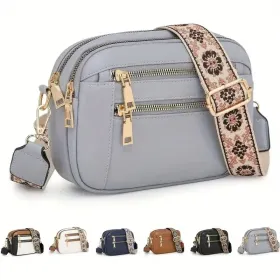 Handmade Women's Multi-Compartment Crossbody Bag & Wallet With Adjustable Strap, Golden-Tone Hardware, Zipper Closure - Premium Second-Layer Leat (Option: Grey)