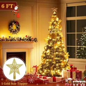 6Ft Pop Up Full Christmas Tree Prelit Dual Color Change And Pre-Decorated 80 Ornaments 1 Minute Christmas Tree 200 Warm White&Colored Lights Time (Option: GoldTree)