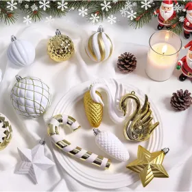 128pcs Christmas Balls Ornaments Set, Shatterproof Plastic Baubles Christmas Flowers, Ribbon Tree Topper For Xmas Tree Holiday Wedding Party Deco (Option: GoldWhite)