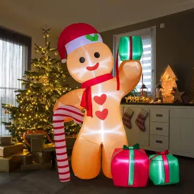 8FT Inflatable Gingerbread Man With Candy Cane And Three Gift Boxes,LED Lighted Christmas Decoration Indoor And Outdoor. (Option: Green)