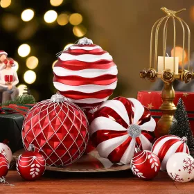 6''/150mm Large Christmas Ball Ornaments, 4Pcs Christmas Tree Decor, Shatterproof Hanging Decorations With Hooks, White & Silver Baubles For Xmas (Option: RedWhite)