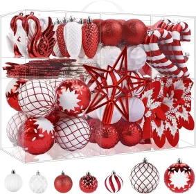 128pcs Christmas Balls Ornaments Set, Shatterproof Plastic Baubles Christmas Flowers, Ribbon Tree Topper For Xmas Tree Holiday Wedding Party Deco (Option: RedWhite)