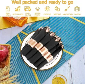 50 Pack Pre Rolled Rose Gold Plastic Silverware Set,Wrapped Plastic Cutlery Set With Napkin Include 50 Forks,50 Spoons,50 Knives And 50 Black Nap (Option: 100packblackgold)