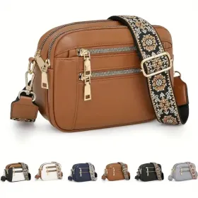 Handmade Women's Multi-Compartment Crossbody Bag & Wallet With Adjustable Strap, Golden-Tone Hardware, Zipper Closure - Premium Second-Layer Leat (Option: ABrown)