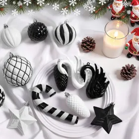 128pcs Christmas Balls Ornaments Set, Shatterproof Plastic Baubles Christmas Flowers, Ribbon Tree Topper For Xmas Tree Holiday Wedding Party Deco (Option: BlackWhite)