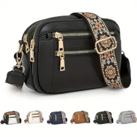 Handmade Women's Multi-Compartment Crossbody Bag & Wallet With Adjustable Strap, Golden-Tone Hardware, Zipper Closure - Premium Second-Layer Leat (Option: Black)